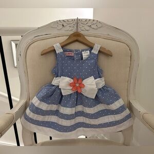 🦢 18 Mth Blue and White Polka Dot Cotton Baby Dress with Bow